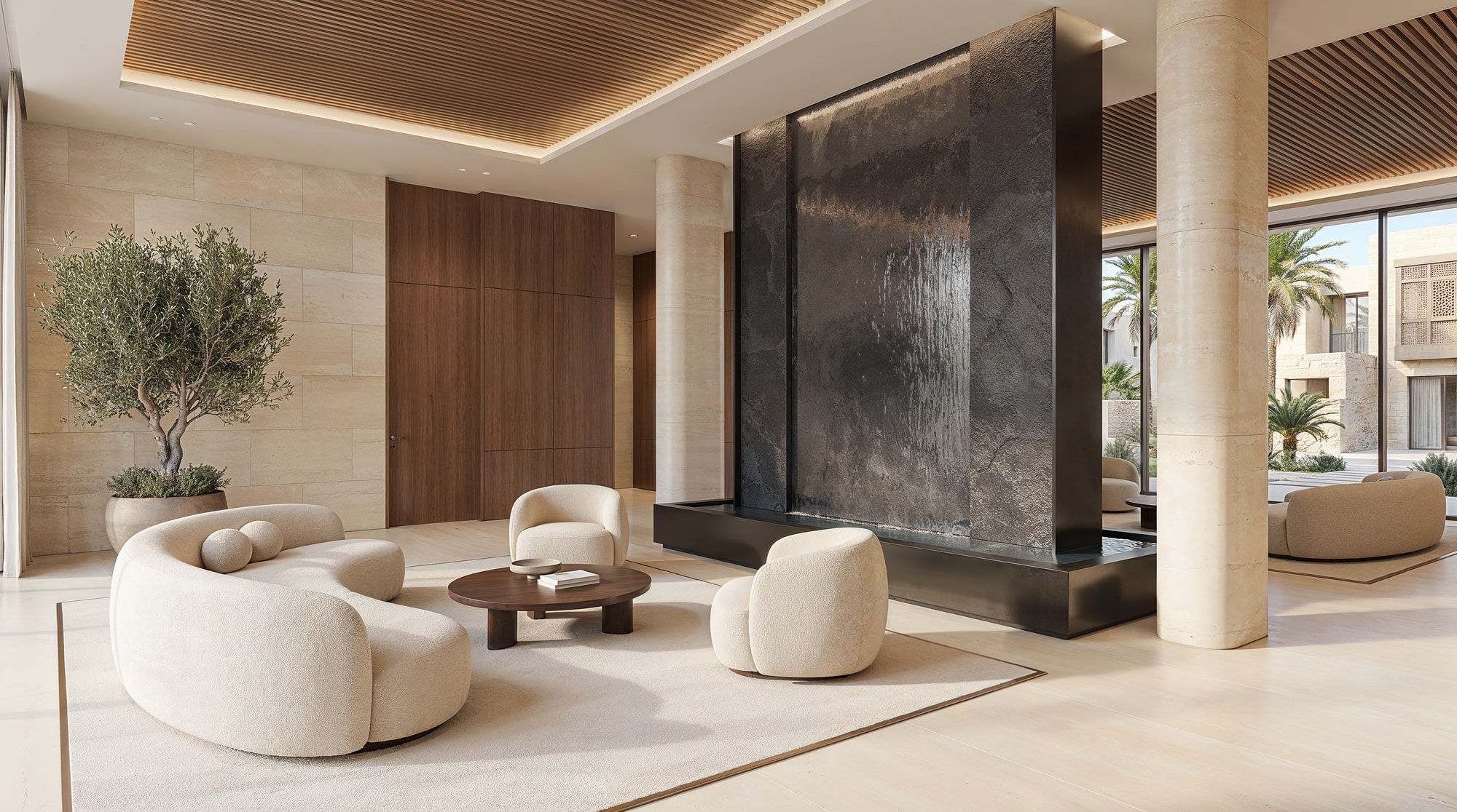 The residents’ lounge with a fountain and curved seating