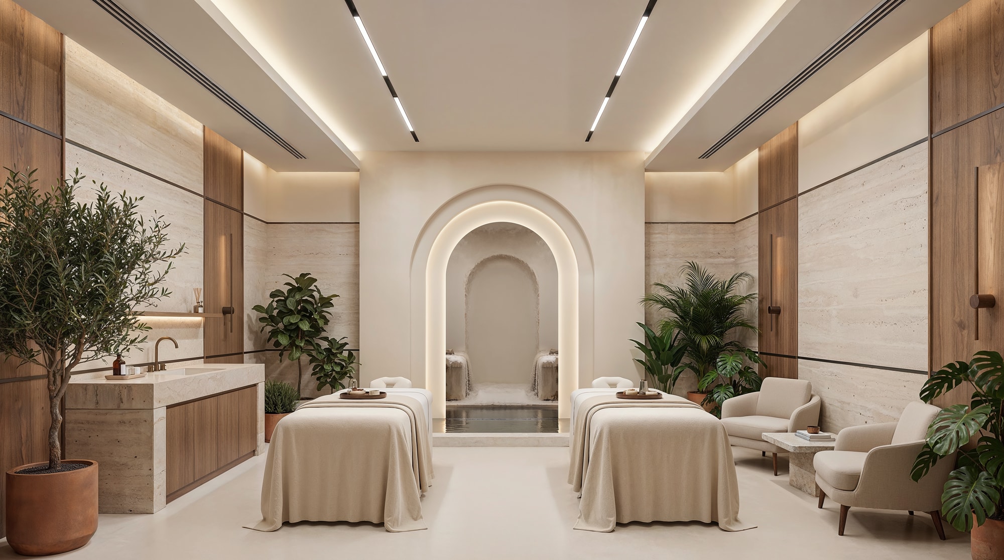 The arched spa hall with a plunge pool and daybeds