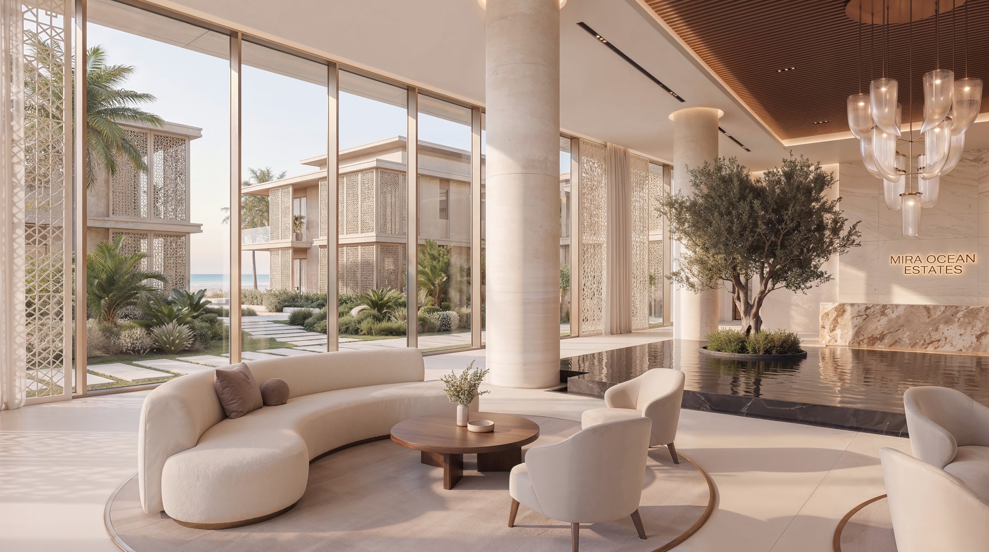 The Mira Ocean Estates water feature at the entrance lobby