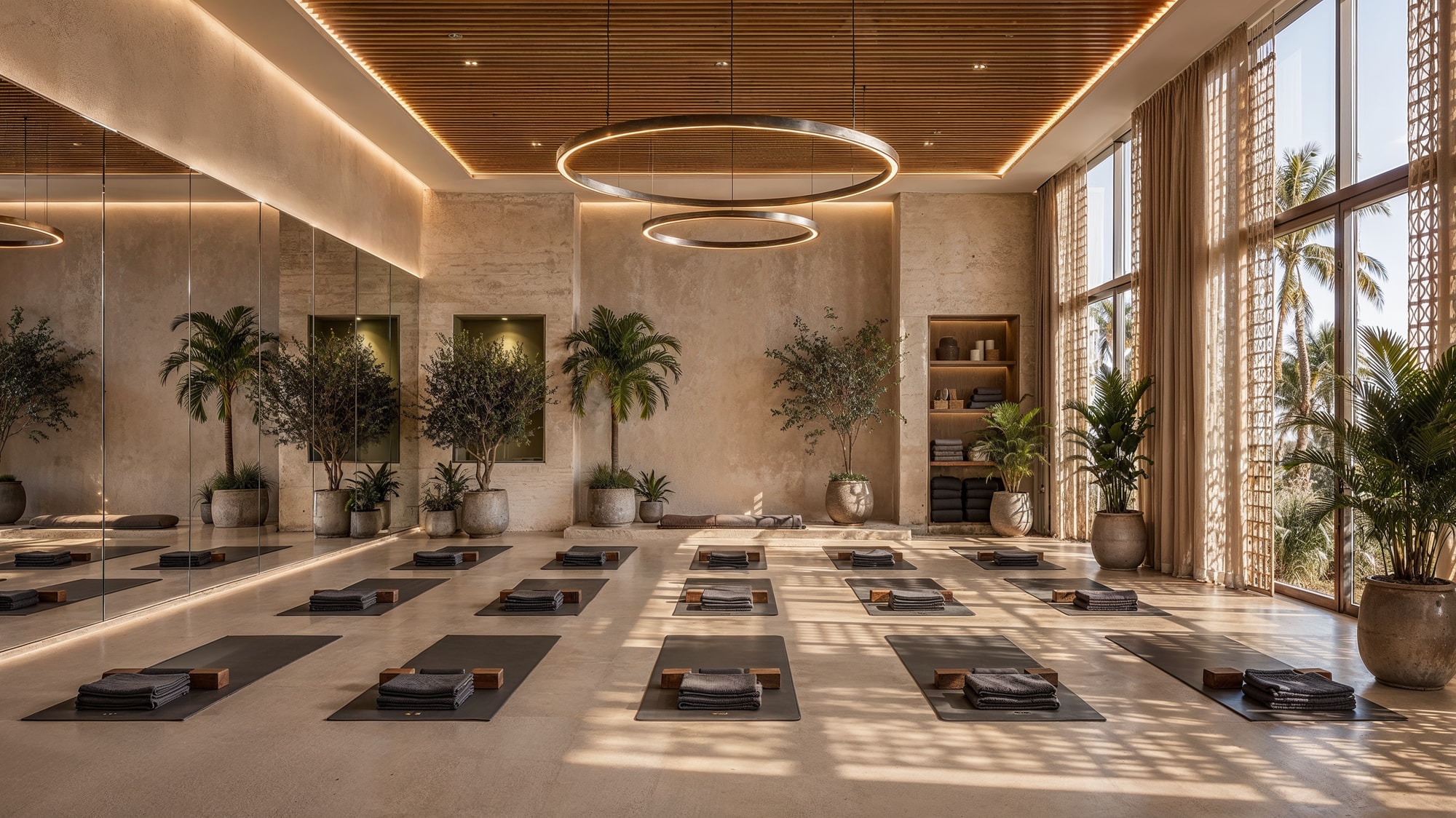 The yoga and stretching studio under a coffered timber ceiling