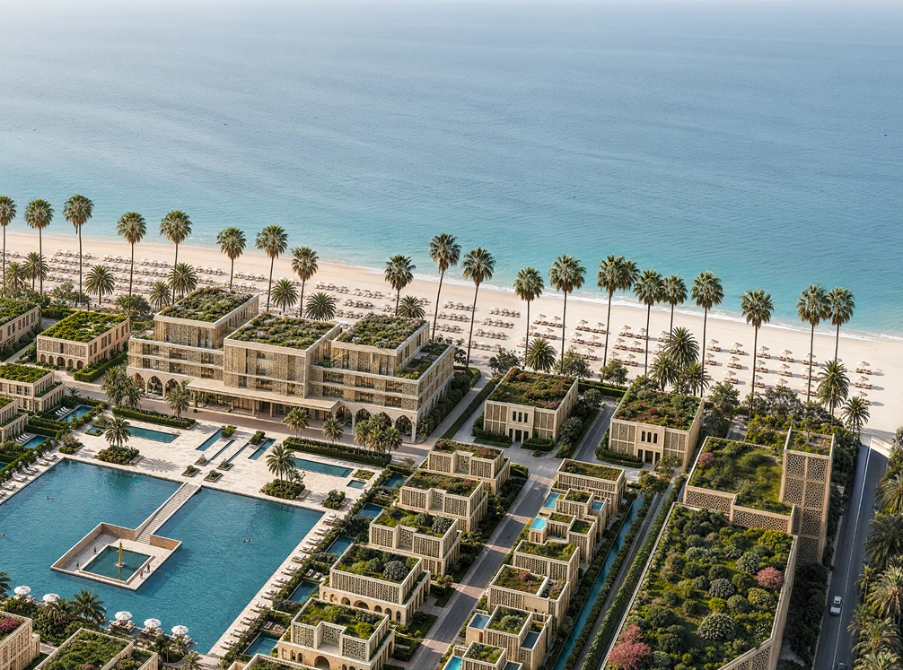 Vista aérea de la playa privada de Mira Ocean Estates: hamacas y palmeras sobre la arena, con las viviendas al fondo