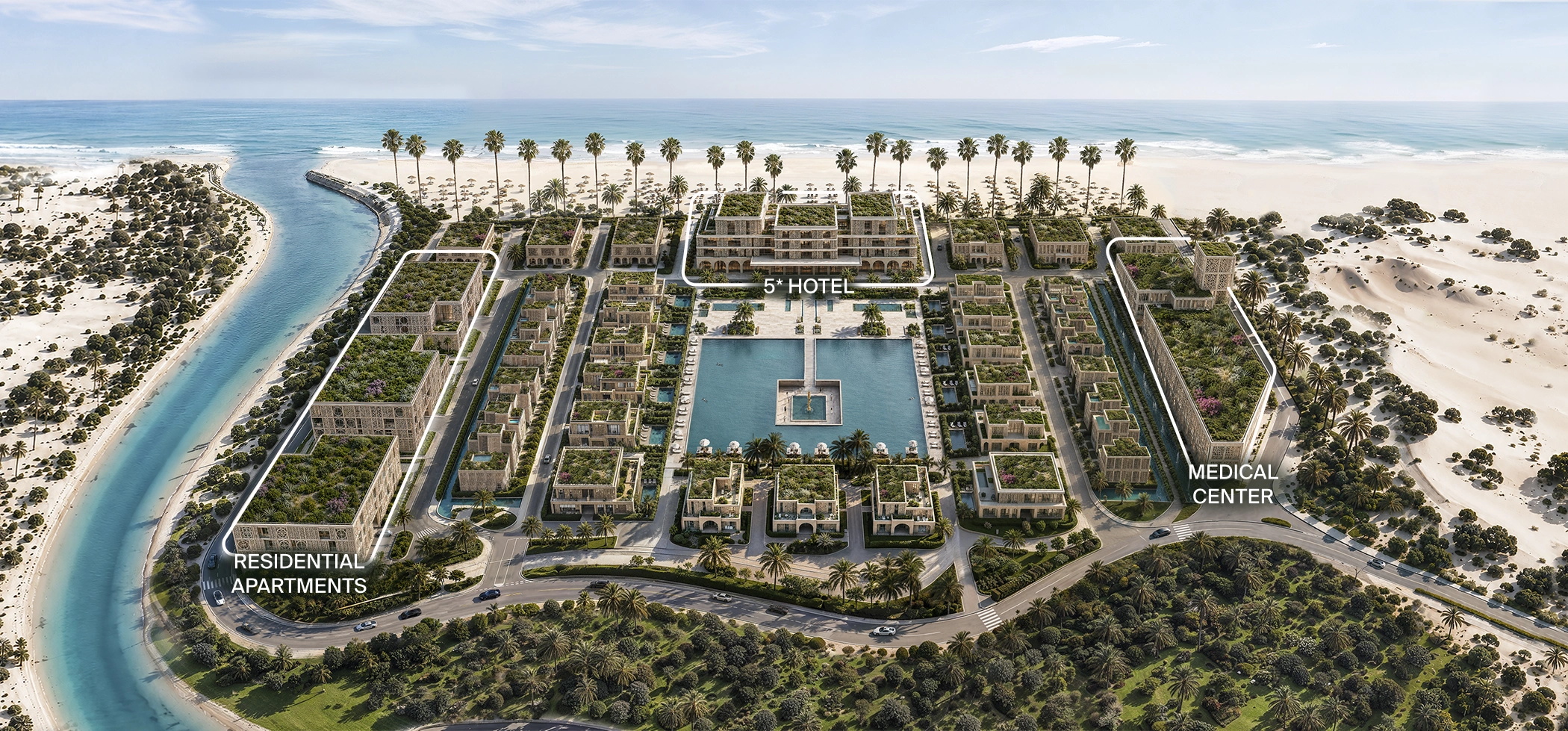 Plan maestro aéreo de Mira Ocean Estates con los edificios residenciales alrededor de la piscina central, el hotel de cinco estrellas y el centro médico en primera línea de Hawana Salalah