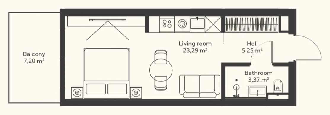 Floor plan of a Trussardi Residences studio: an open living room with the bed and the kitchen along one wall, a hall, a bathroom, and a balcony running the full width