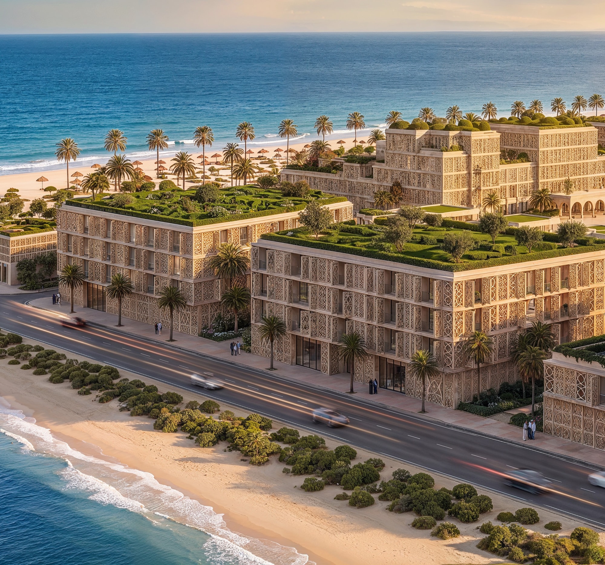 The Richmond Residences building at Mira Ocean Estates with the central pool beyond