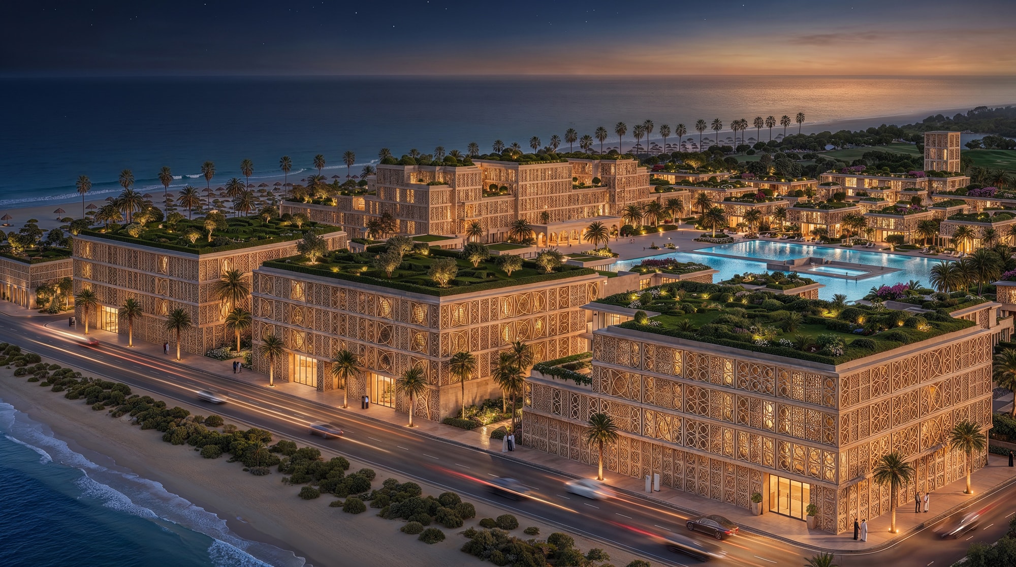 The beachfront buildings of Mira Ocean Estates at sunset